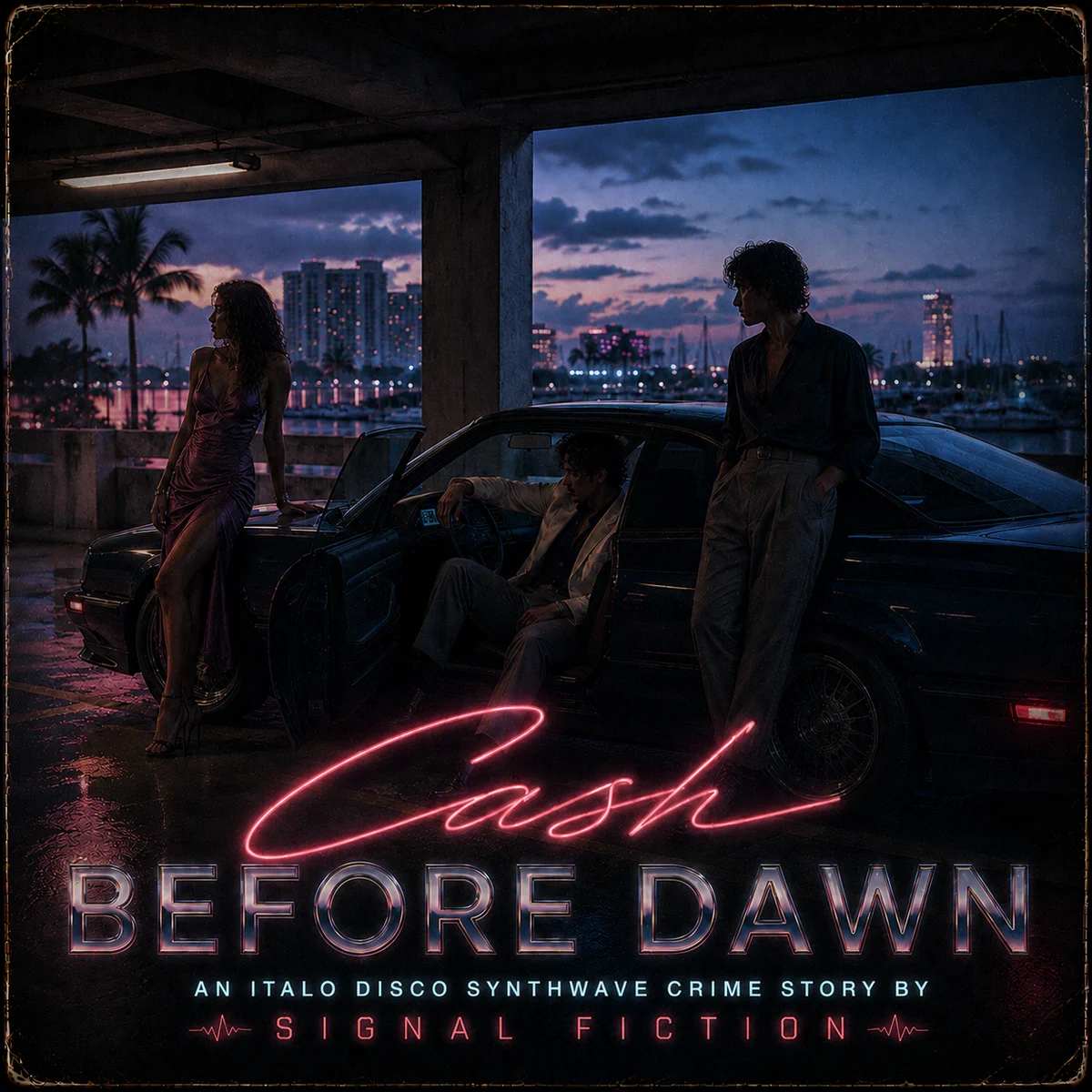 Cash Before Dawn cover showing three nightlife workers around a black coupe in a hotel garage before dawn.
