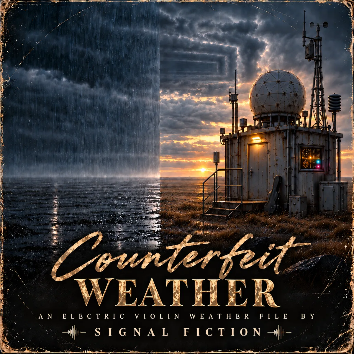 Counterfeit weather cover showing a remote meteorological station beside a sharply bounded curtain of rain, with wet and dry ground under a geometrically patterned storm sky.